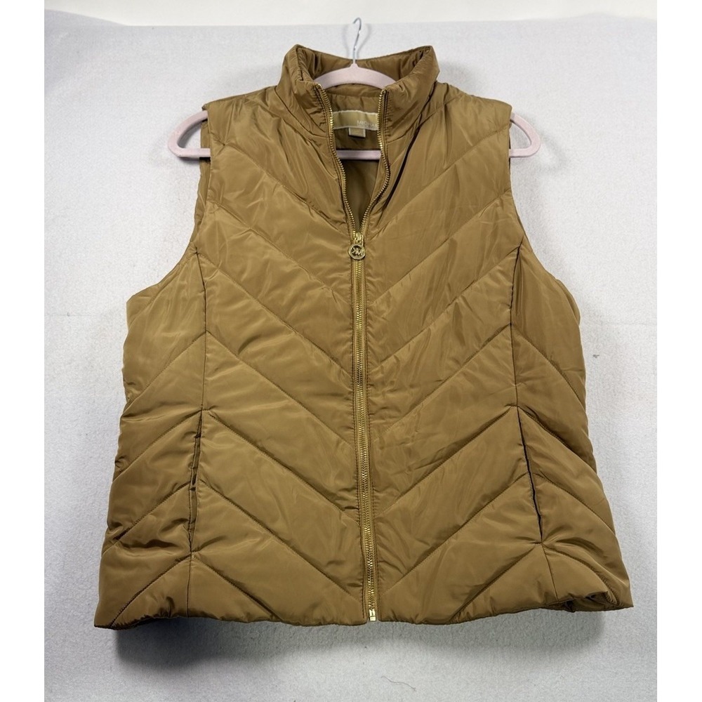 Michael Kors L Khaki Puffer Quilted Vest MK Charm Women's Champagne